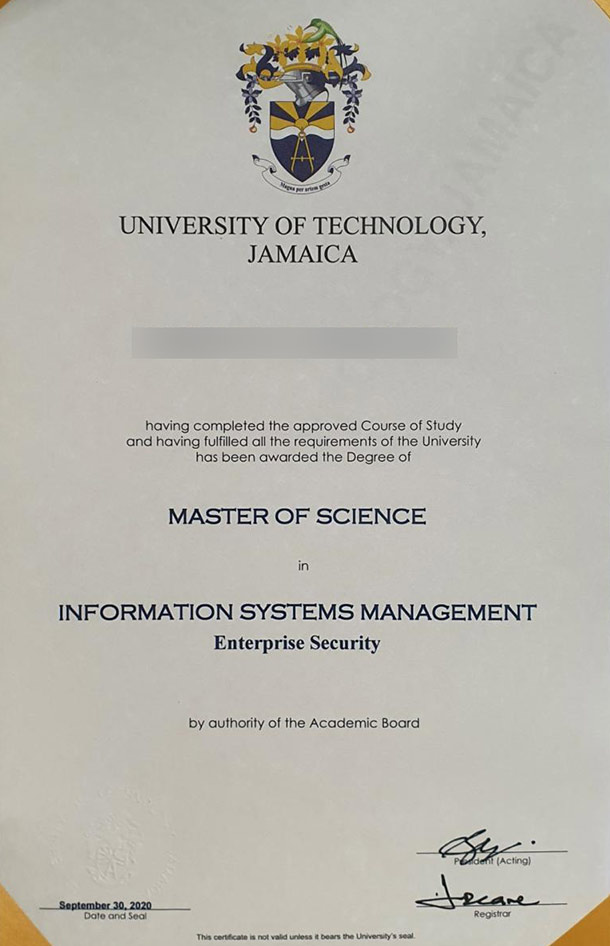 Sample of Master of Science degree from Jamaica University of Technology in 2020