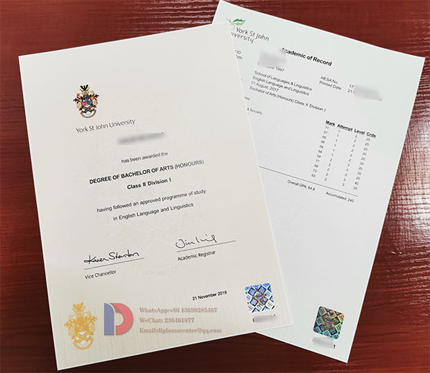 York St John University Degree and Transcript Sample