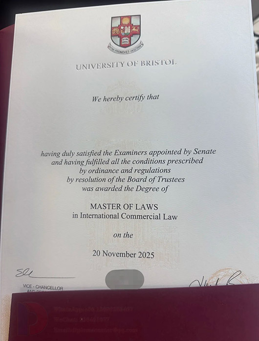 Sample of the Master of Laws degree certificate from the University of Bristol in 2025