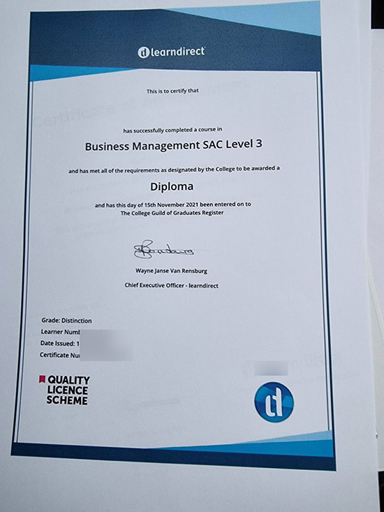 Business Management SAC Level 3 learn direct Certificate