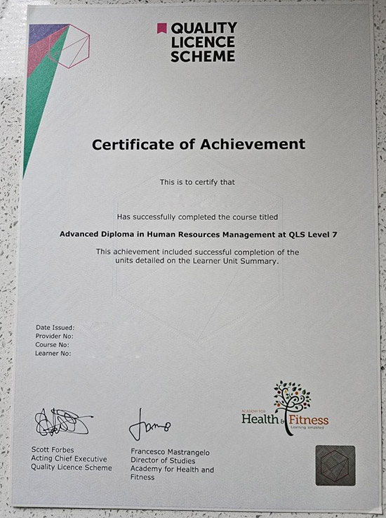 2024 IQUALITY LICENSE PROGRAMME Senior Management Level 7 Certificate Sample for Human Resources