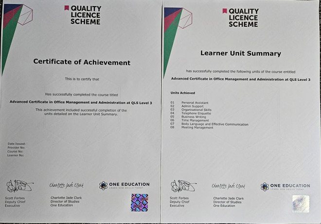 Office Administrative Management IQUALITY LICENCE SCHEME Level 3 Certificate Sample