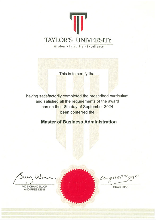 Taylor's University MBA Sample (2024)