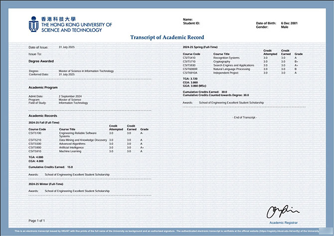Sample Case of Hong Kong University of Science and Technology Transcript
