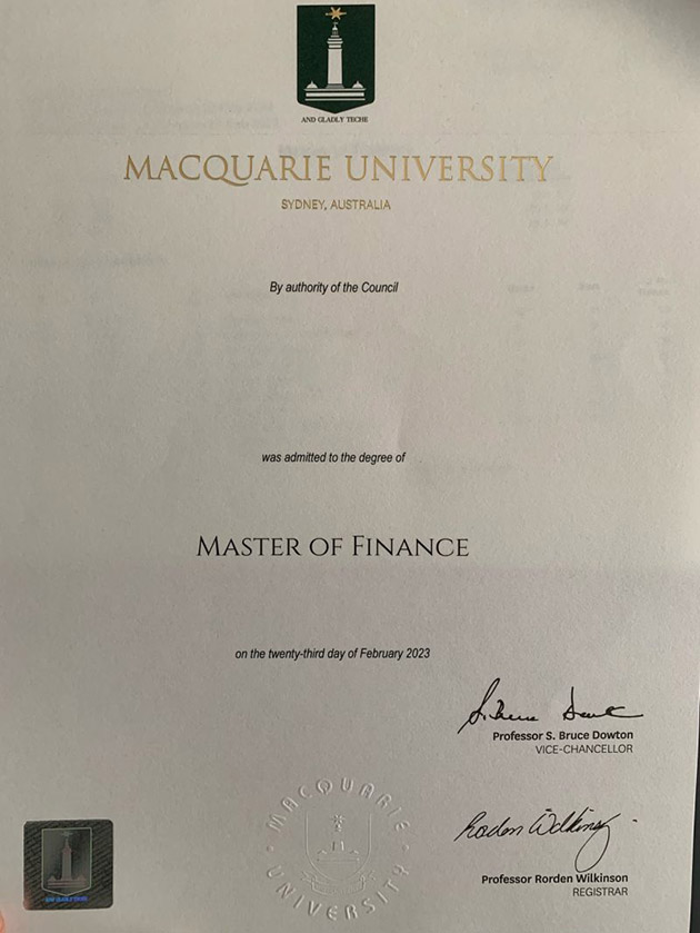 2023 Master's Degree in Finance from Macquarie University Sample