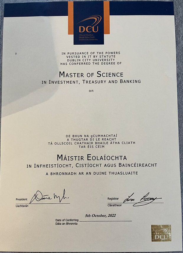 Master of Science Degree from Dublin City University in 2022