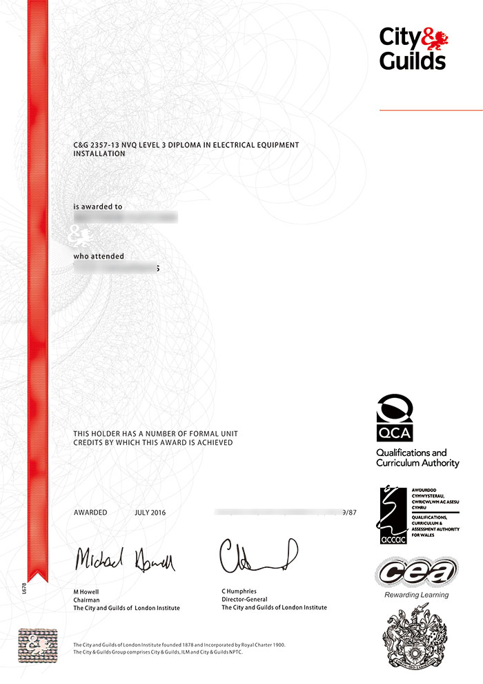 City & Guilds Certificate Sample