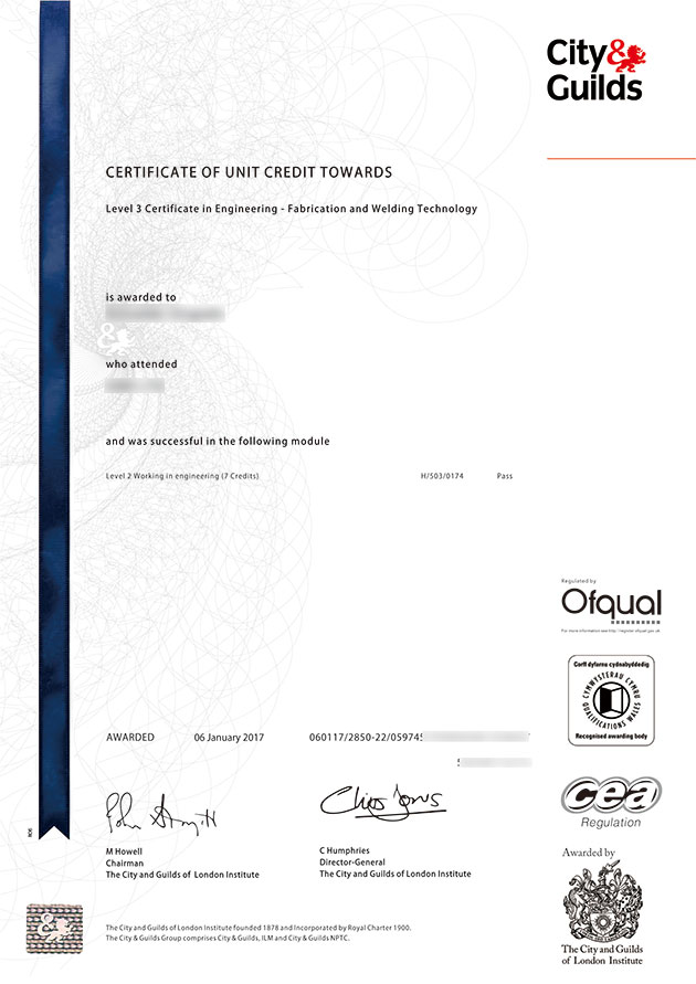 NVQ City and Guilds certificate Sample