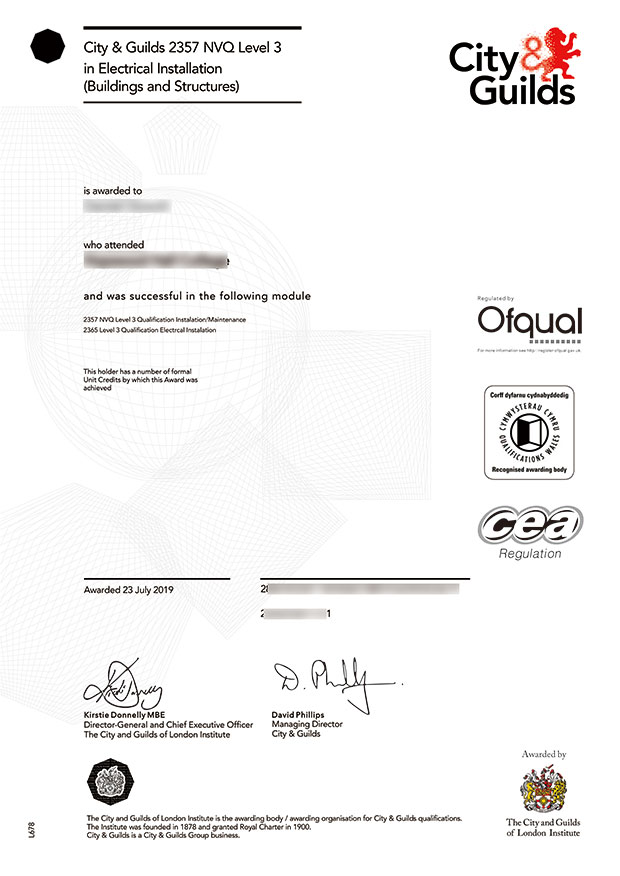 NVQ City and Guilds certificate Sample