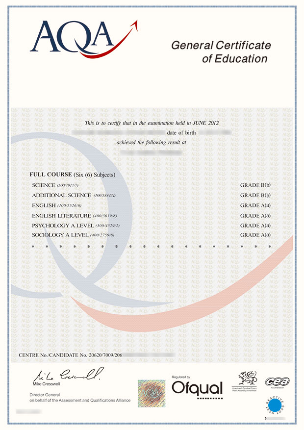 AQA GCSE certificates Sample