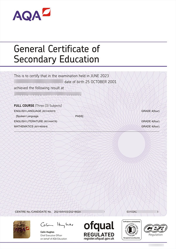 AQA GCSE Certificate Sample