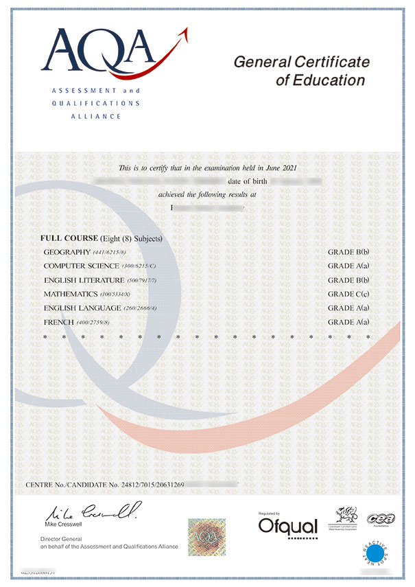 AQA GCSE Certificate Sample