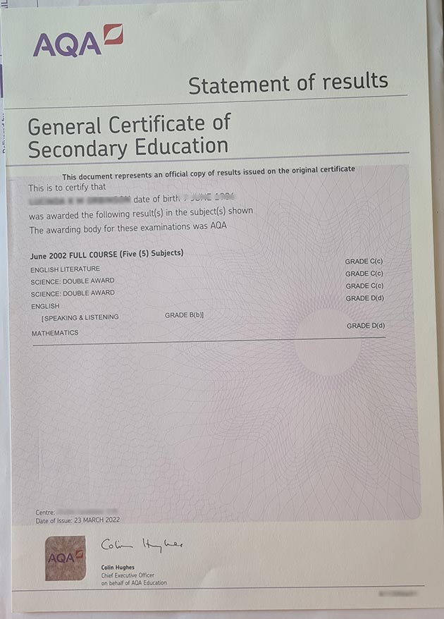 AQA GCSE Certificate Sample