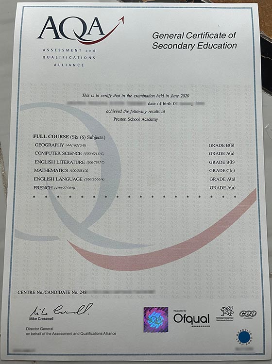 AQA GCSE Certificate Sample