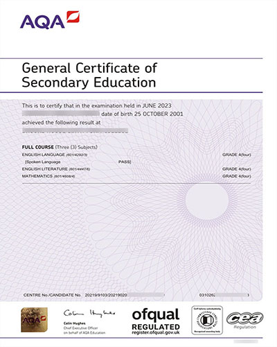 AQA GCSE Certificate Sample
